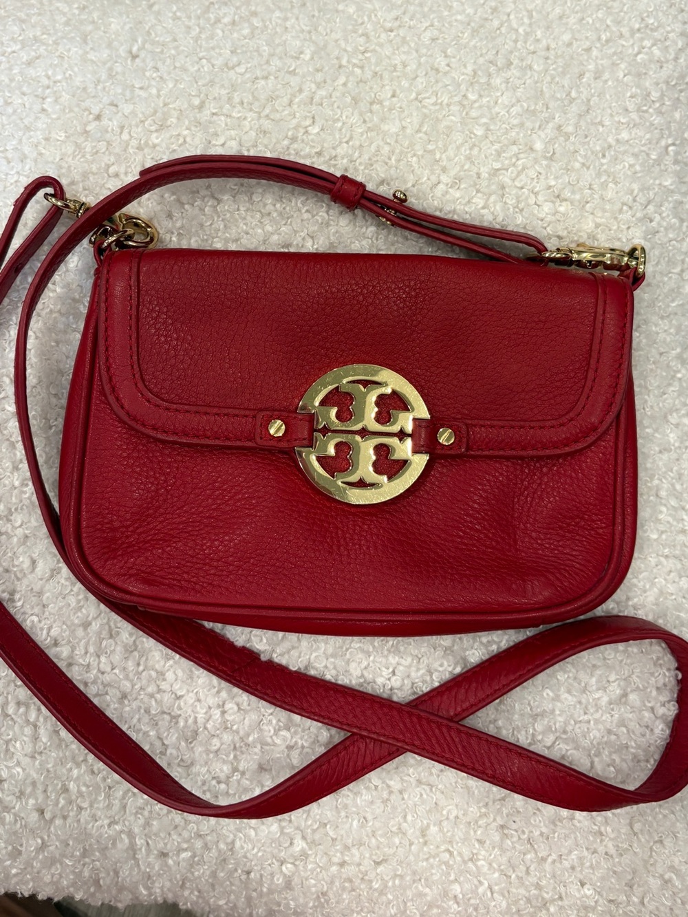 Tory Burch Red Pebbled Leather Crossbody with Gold Logo